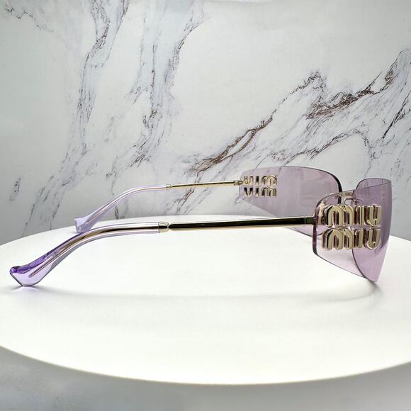New MIU MIU Sunglasses Pale Gold Pink Lens Wrap Rimless AUTHENTIC Runway 2025